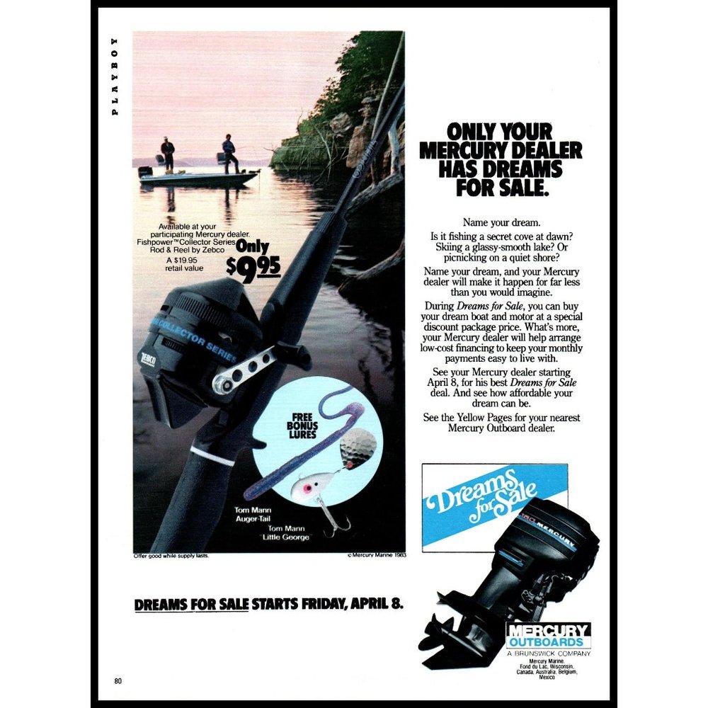 1983 Mercury Marine Outboard Motor Vintage Print Ad Fishing Rod Boat Wall Art